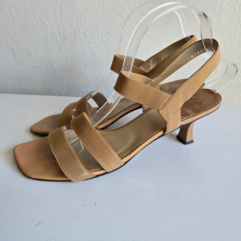 Stuart Weitzman Tan Leather Strappy Square Toe Kitten Heel Sandals 9.5N Spain